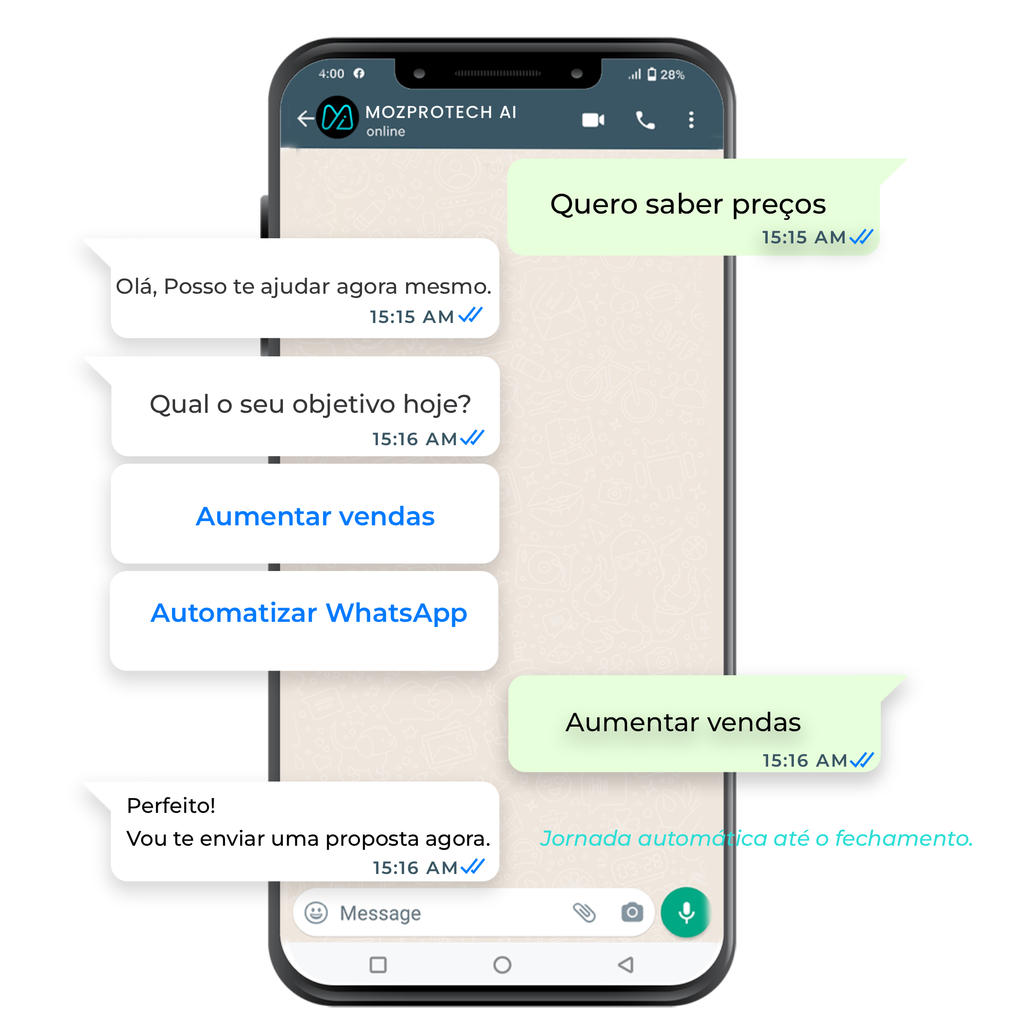 Interface de chat demonstrando aumento de conversões